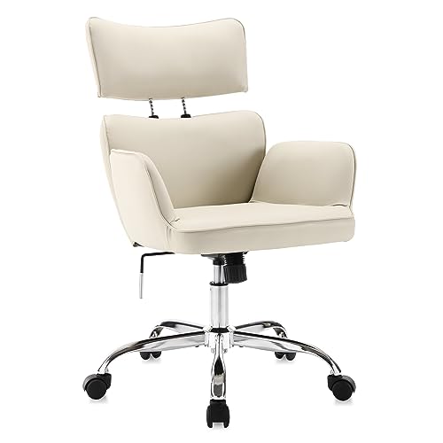 BERYTH Home Office Chair with Wheels, Adjustable Headrest Height Swivel Mid-Back Armchair Task Chair, Modern PU Leather Ergonomic Tilt Computer Desk Vanity Chair for Office, Study Room(Beige)
