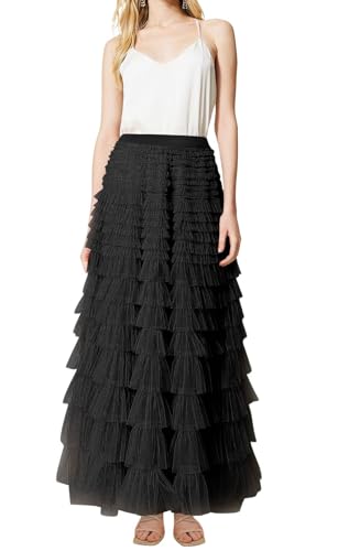 CHARTOU Women Layered Tiered Tulle Maxi Skirt Sheer Mesh A Line Skirt Flared Elastic Waist Long Cake Skirt Party (Medium,Black)