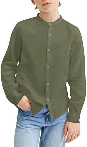 Mafulus Boys Button Down Linen Shirt Long Sleeve Mandarin Collar Loose Fit Casual School Summer Top