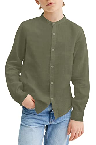 Mafulus Boys Button Down Linen Shirt Long Sleeve Mandarin Collar Loose Fit Casual School Summer Top #TOP19