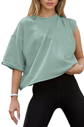 Women's Oversize Workout Crop Tops Casual Short Sleeve Drop Shoulder Boxy T-Shirts Roll Hem Basic Loose for 2025