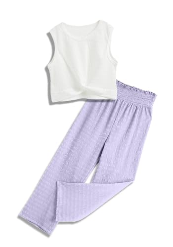 Image of Girls' Clothing Sets Sleeveless Bow Crop Top Wide Leg Linen Pants 2026 Summer Outfits Cute Kids Clothes