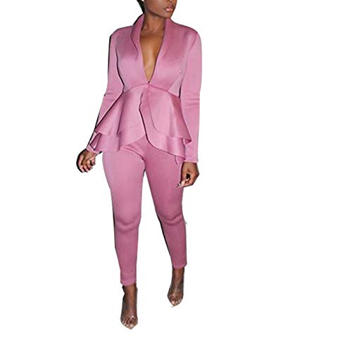Elegant Jumpsuits Outfits for Women- Long Sleeve V Neck Peplum Ruffle Raw Hem Pullover Tops Bodycon Long Pants Sets Tracksuit Pink XL