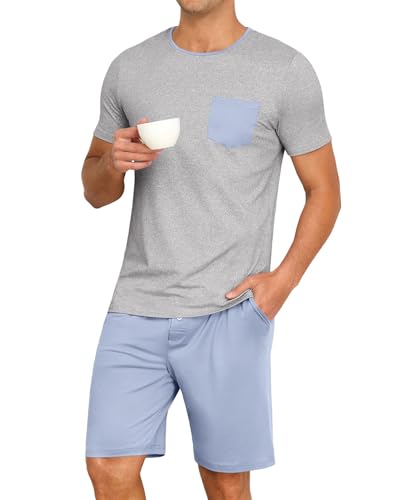 Image of PrinStory Mens Summer Pajamas Set Lightweight Pjs Sets Short Sleeve Pajama Shorts Set Soft Sleepwear Loungewear with Pockets