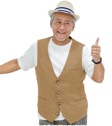 Men's Casual Linen Vest Vintage V-Neck Vest Dress Summer Beach Wedding Linen Waistcoat