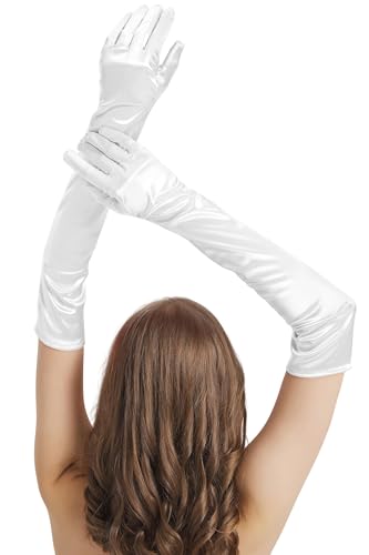 Long White Gloves Women Costume Long Satin Gloves Elbow Length for Opera Party 1920s Roaring Wedding Bridal Princess Adult Halloween Cosplay Dance Dress Great Gatsby Fashion Outfits Fancy Formal