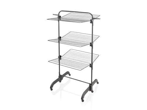 Leifheit Turmtrockner Comfort 420 Black Edition mit Rollen, 42m Leinen für 4 Wäscheladungen, platzsparender Wäscheturm mit 3 Ebenen, halbseitig abklappbarer Turmwäscheständer für die Dusche, schwarz