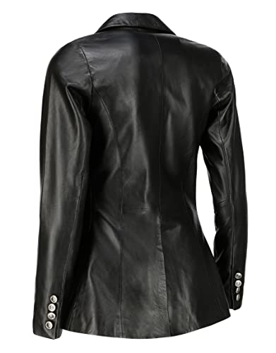 Double Breasted Fancy Buttons Lambskin Leather Blazer Women - Kim Kardashian Long Sleeve Coat Style Leather Jacket Women (Blk, M) #TOP1
