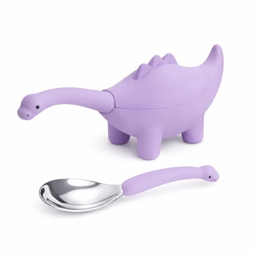 Image of Silicone Spoon for Baby, Purple Toddler Feeding Spoon, Silicone Kids Spoon with Dinosaur Case, 1 Pc, Travel Friendly Mealtime Utensil, Daily Feeding Essential