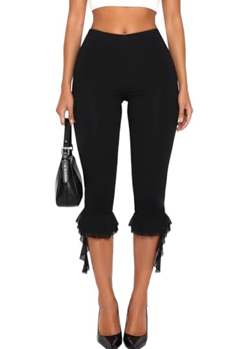 Navneet Women Capri Pants Cropped Trousers Y2K 3/4 Leggings with Frill Hem Ruffle Capris Going Out Slim Fit Black S