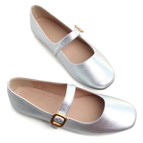 Image of TN TANGNEST Women's Mary Jane Flats Bow Ballet Shoes | Round Toe Flats with Buckle Strap Dressy Comfortable Faux Suede Flats