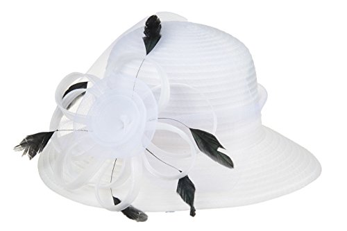DANTIYA Lady Derby Dress Church Bow Bucket Wedding Bowler Hats Wide Brim Beach UPF Protection Cap (White, Free) - Thumbnail 2