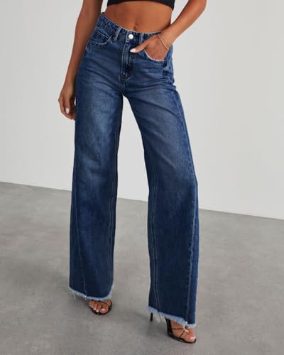 Womens Wide Leg Jeans Casual High Waisted Stretchy Straight Leg Jeans Raw Hem Loose Trendy Denim Pants3