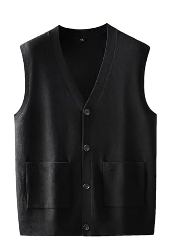 Men's Solid V-Neck Knitted Sweater Vest Single-Breasted Casual Loose Cardigan Waistcoat Tops