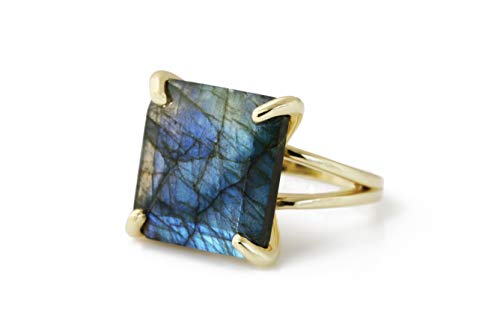 Vibrant Square Labradorite Ring - Fancy Large Gold Rings - Handmade Womens Statement Rings, Gemstone Rings, Custom Rings, Fashion Rings - Artisan-made Jewelry for Women