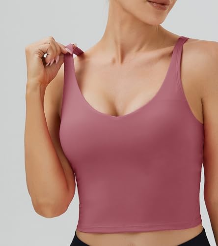 Image of Oalka Sports Bra Womens Longline Padded Crop Yoga Tank Tops | Built in Bras, Workout, Athletic, Fitness, Super Soft, Comfort, Cropped Top, Removable Pads, Heart Neckline For Women
