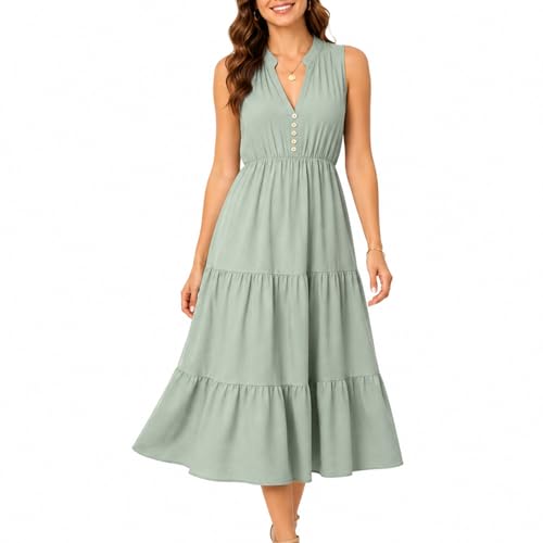 Image of BROVAVE Womens 2026 Summer Sleeveless Shirt Dress Collar Striped V Neck Casual Midi Dresses