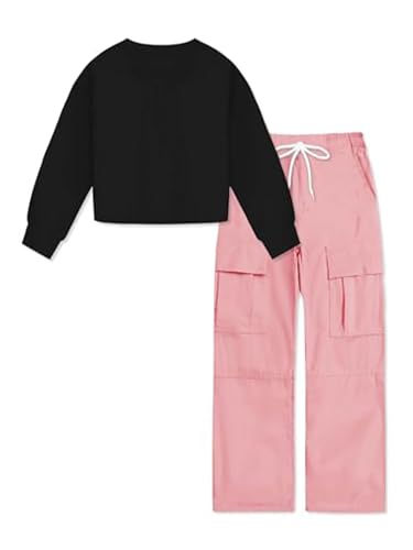 Image of Betusline Girl's 2 Piece Outfits, Cute Girls Fall Clothing Sets Cargo Pants + T-Shirt Top, 4T-14 Years