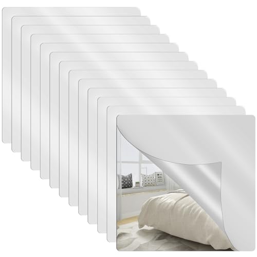 12Pcs Self Adhesive Full Lenght Mirror Tiles for Gym, 12 x 12 inch Square Flexible Acrylic Mirrors Stickers Reflective Mirror Wall Stickers for Bedroom Living Room Bathroom Decor