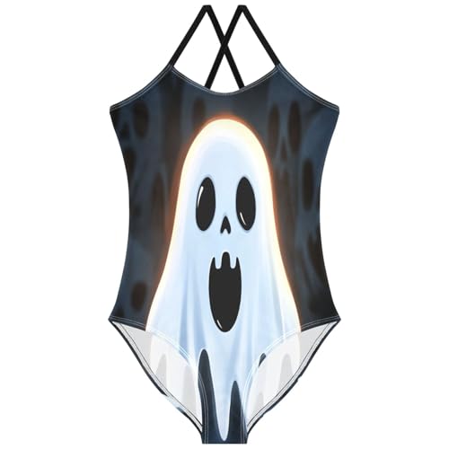 Pigsaly Girls One Piece Swimsuits Halloween Scary White Ghost Kids Cross Back Swimwear Toddler Beach Sport Bathing Suit 3T