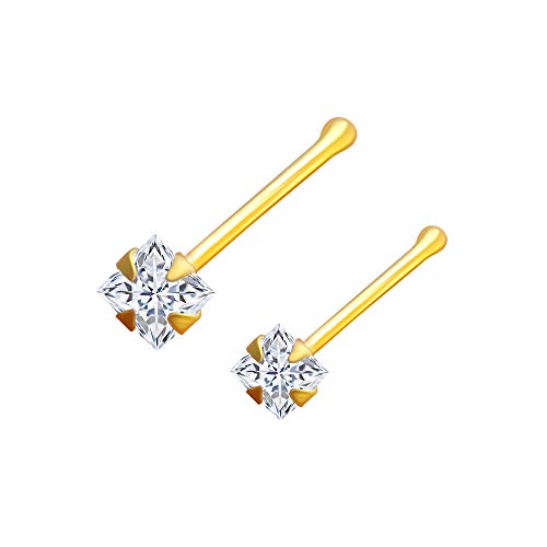 2 Piece Pack of 9ct Solid Yellow Gold Claw Set Square CZ Stone 22 Gauge Ball End Nose Stud