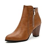 Dernolsea Ladies Chunky Block Heeled Ankle Boots - Faux Leather or Suede Ankle Boots for Women with Zip or Buckle Detail Tan Size 4