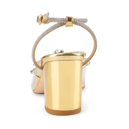 Oh Mispares Women's Clear Heels Double Bowknots Crystal Sandals Round Open Toe Rhinestone Transparent Chunky Bow Heels Gold Ankle Strap Sandal Shoes3