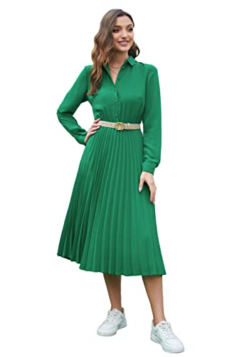 Image of Business Casual Shirt Dress for Women Long Sleeves Pleated Midi Dresses with Belt
