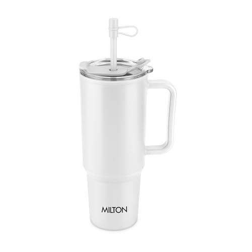 MILTON Maven 1000 Plastic Water Tumbler | 2-in1 Lid Sip or Gulp | Crystal Clear BPA Free-Food Grade | Sturdy Handle | Large Travel Mug for Gym, Office & Outdoor Use, 1 L, White