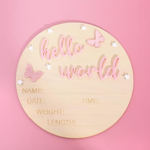 Image of Pink Butterfly Hello World Sign - Baby Girl Hospital Birth Announcement Board,Wooden Birth Information Record Card,Hello World Milestone Disc Photo Prop,Newborn Nursery Decorations