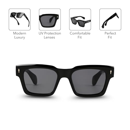 Image of MOONX Hydra S1 UV Protected Rectangular Sunglasses for Men & Women | Black PC Frame | Black Lens | Stylish Unisex Eyewear for Driving, Travel & Casual Outings