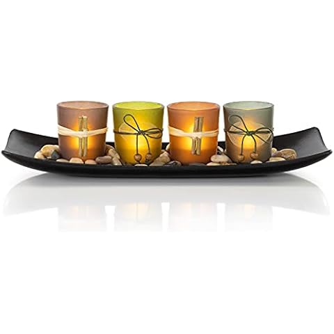 VP Home Flameless Decorative Candle Holders, Vintage Decor Natural Candlescape Set, 4 LED Tea Light Candles, Rocks and Tray (Natural Earth Tones 4 Set) Cover