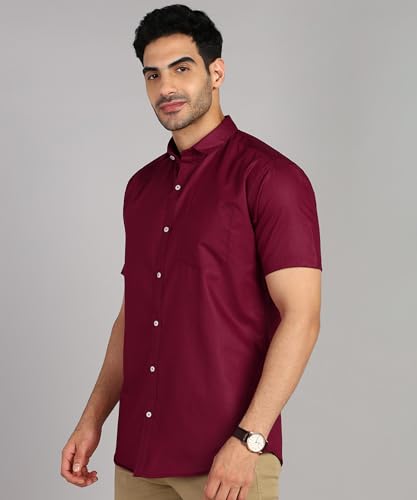 Image of MILDIN Men's Cotton Blend Solid Shirt with Spread Collared Half Sleeve Curved Hemline Button Closure Regular Fit and One Pocket | Half Sleeve Shirt for Men