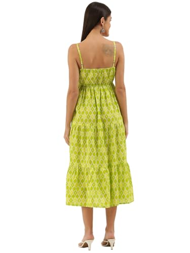 Image of FABRIC FITOOR Women Cotton Lime Green Color Geometric Print Fit & Flared Dress with Shoulder Straps