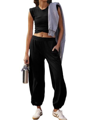Glamaker Women's Two Piece Athletic Sets Casual Workout Sleeveless Cropped Tops High Sweatpants Joggers Tracksuits