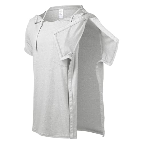 Mens Post Shoulder Surgery Shirts Short Sleeve Adaptive Tops with Snap Closure for Shoulder Recovery Rotator Cuff Surgery