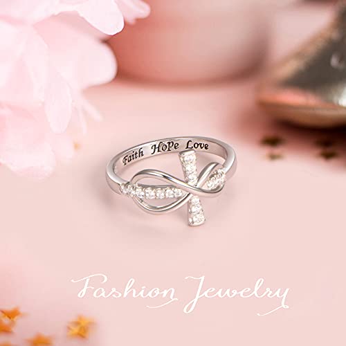 Inspirational Jewelry 925 Sterling Silver Engraved Faith Hope Love Cubic Zirconia Cross Infinity Ring, Size 5-104