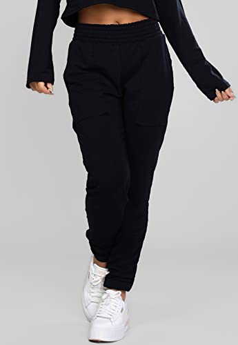 Calça Jogger Moletinho Feminina Com Bolso Cintura Alta Moda Blogueira Inverno Roupa (P, Preto)