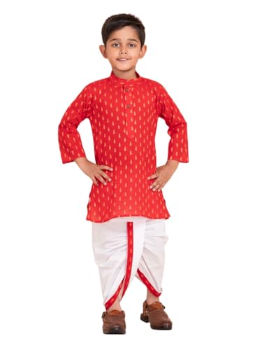 Image of Boys Dhoti Kurta Set for Kids - Cotton Kurta and Elastic Waist Dhoti - Traditional Dress