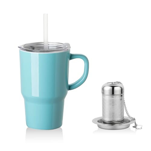Sweejar Ceramic Tea Cup with Lid - 16 OZ Elegant Travel Mug, Dishwasher Safe with Infuser for Tea Enthusiasts (Turquoise)
