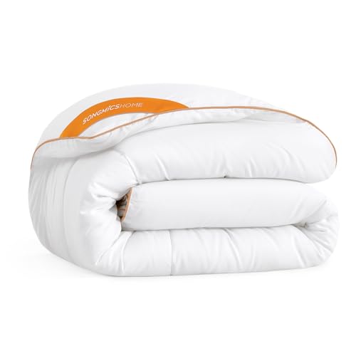 SONGMICS HOME Bettdecke, 200 x 135 cm Steppdecke, Steppbettdecke mit 8 Schlaufen, 300 GSM Decke, Einzelbettdecke, mit Karosteppung, wolkenweiß...