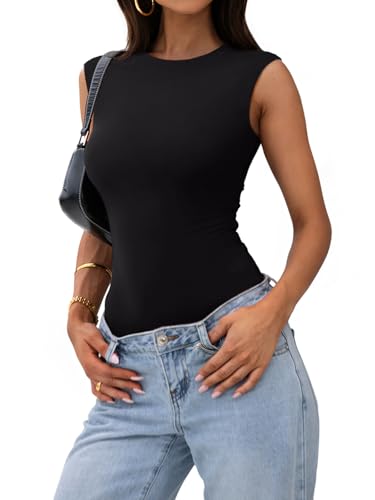 PINKMSTYLE Womens Crew Neck Sleeveless Bodysuit Double Lined Stretchy Fitted Basic Thong Body suit Tank Tops3