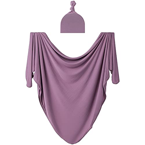Bayceen Large Rayon Jersey Knitted Swaddle Blanket for Baby, Soft Stretchy Receiving Blanket for Newborns with Hat, Large 47 x 47 inches (Mauve)