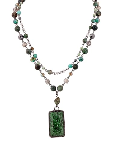 MINACHI Boho Multi-Layer Necklace with Green Stone Pendant, Handmade Earthy