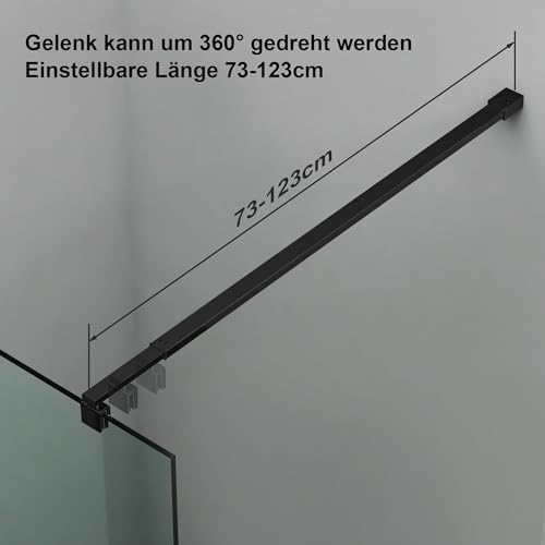 Stabilisierungsstange Feststab Teleskopstange einstellbar 73-123cm, verwendet für Duschwand Glaswand begehbare Stabilisierungsstange Glasstärke 8mm-10mm，Quadratischer Stützstab Schwarz