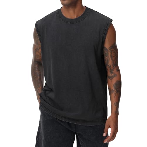 Herren Kurzarm Sommer Ärmelloses Shirt, Männer Fitness ärmellos Weste, Washed Sleeveless t-Shirt, Workout, Fitnessstudio, Baumwolle(Schwarz 2XL)