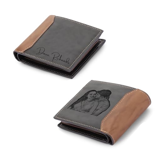 Custom Wallets with Picture for Men Personalized PU Leather Wallet with Photo Name Slim Billfold Engraved Wallet for Dad Grandpa Husband Fathers Day Christmas Gifts (Grey)
