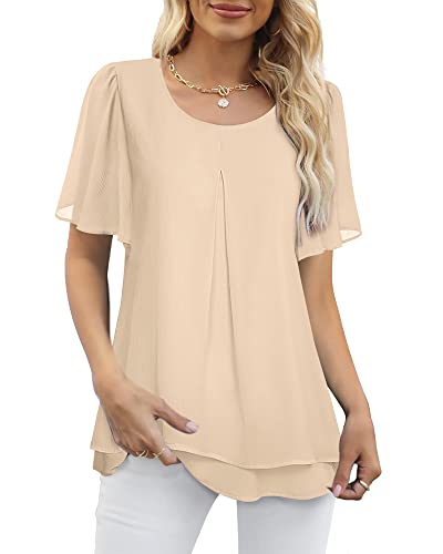 Gaharu Dressy Tops For Women For Evening Party Womens Casual Swing Tunics Scoop Neck Loose Top Short Sleeve Chiffon Blouse Shirt Tops Beige,Xl #TOP15