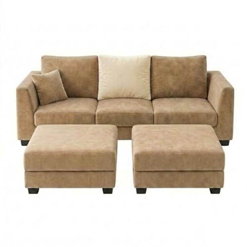 Image of SOCOZI Trevano 5 Seater L Shape Sofa Set with 2 Movable Ottomans | Flexible Layout| Soft Velvet Suede Fabric|Modern Sofa | Plush Comfort Cushions for Living Room (Beige-Cream)
