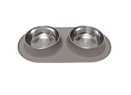 Messy Mutts Double Silicone Feeder with Stainless Bowls | Non-Skid Food Dishes for Dogs for All Pets | Dog Food Bowls | Extra-Large, 6 Cups Per Bowl | Grey